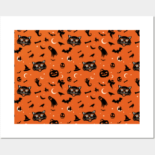 Black Cat Halloween Design Pattern Posters and Art